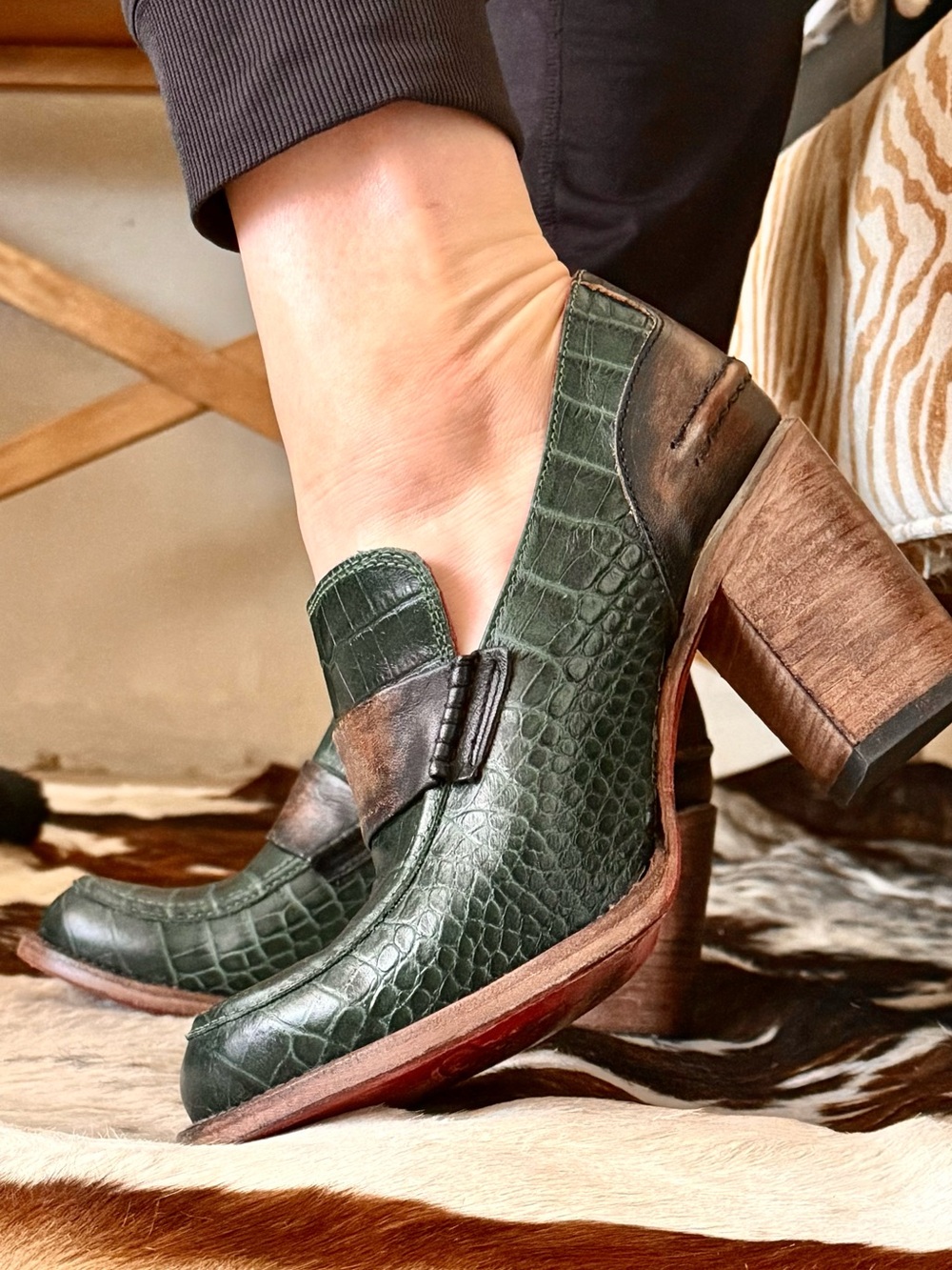 Freebird Bellevue Green Croc-Embossed Leather Loafers